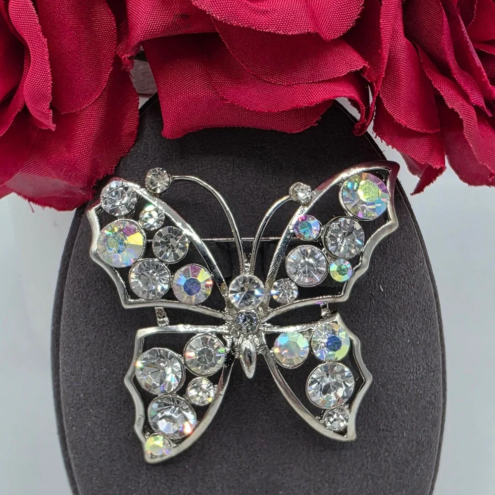 Silver Tone Butterfly Brooch Clear‎ Aurora Borealis Rhinestone Crystal Pin Glam